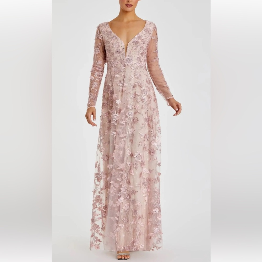 Mac Duggal Blush Pink Long Sleeve Embroidered Gown